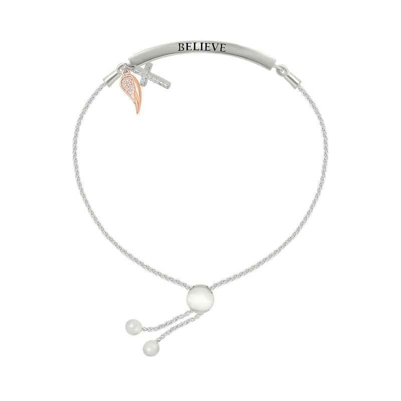 Main Image 2 of 1/6 CT. T.W. Diamond "BELIEVE" Cross and Angel Wing Charm Bolo Bracelet in Sterling Silver and 10K Rose Gold - 9.0"