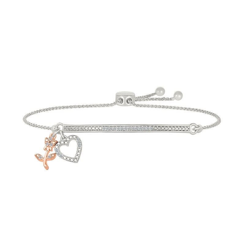 Main Image 1 of 1/10 CT. T.W. Diamond "GRANDMA" Flower and Heart Charm Bolo Bracelet in Sterling Silver and 10K Rose Gold - 9.0"