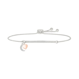 1/8 CT. T.W. Diamond "LOVE YOU TO THE MOON" Heart and Moon Charm Bolo Bracelet in Sterling Silver and 10K Rose Gold
