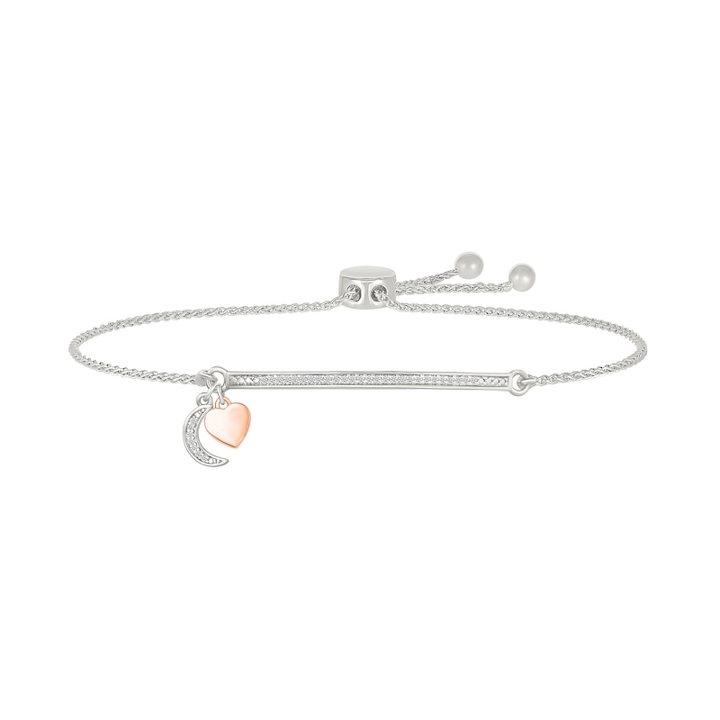 Main Image 1 of 1/8 CT. T.W. Diamond "LOVE YOU TO THE MOON" Heart and Moon Charm Bolo Bracelet in Sterling Silver and 10K Rose Gold