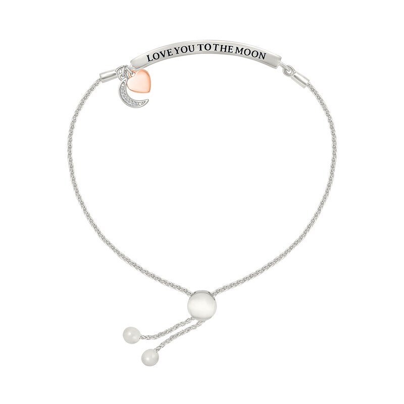 Main Image 2 of 1/8 CT. T.W. Diamond "LOVE YOU TO THE MOON" Heart and Moon Charm Bolo Bracelet in Sterling Silver and 10K Rose Gold