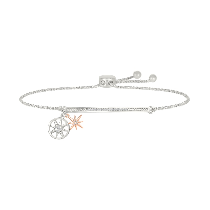 Main Image 1 of 1/10 CT. T.W. Diamond "LIFE IS A JOURNEY" Star and Compass Charm Bolo Bracelet in Sterling Silver and 10K Rose Gold