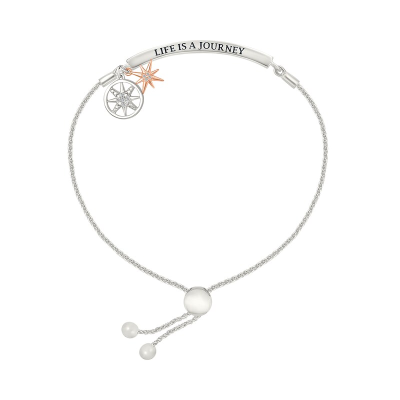 Main Image 2 of 1/10 CT. T.W. Diamond "LIFE IS A JOURNEY" Star and Compass Charm Bolo Bracelet in Sterling Silver and 10K Rose Gold