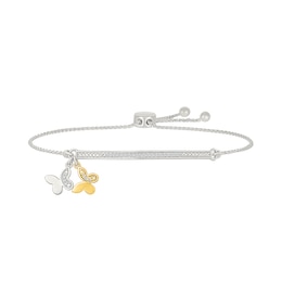 1/10 CT. T.W. Diamond "ALL MY LOVE" Double Butterfly Charm Bolo Bracelet in Sterling Silver and 10K Gold - 9.0"