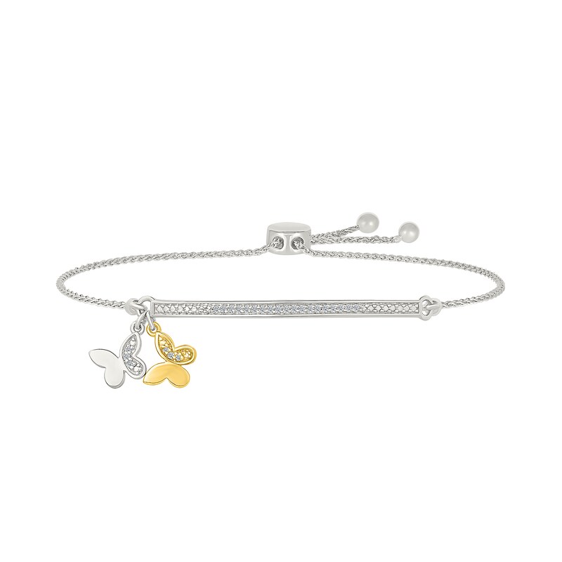 Main Image 1 of 1/10 CT. T.W. Diamond "ALL MY LOVE" Double Butterfly Charm Bolo Bracelet in Sterling Silver and 10K Gold - 9.0"