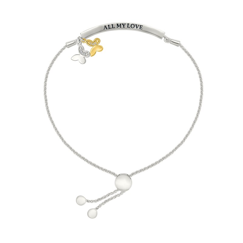 Main Image 2 of 1/10 CT. T.W. Diamond "ALL MY LOVE" Double Butterfly Charm Bolo Bracelet in Sterling Silver and 10K Gold - 9.0"