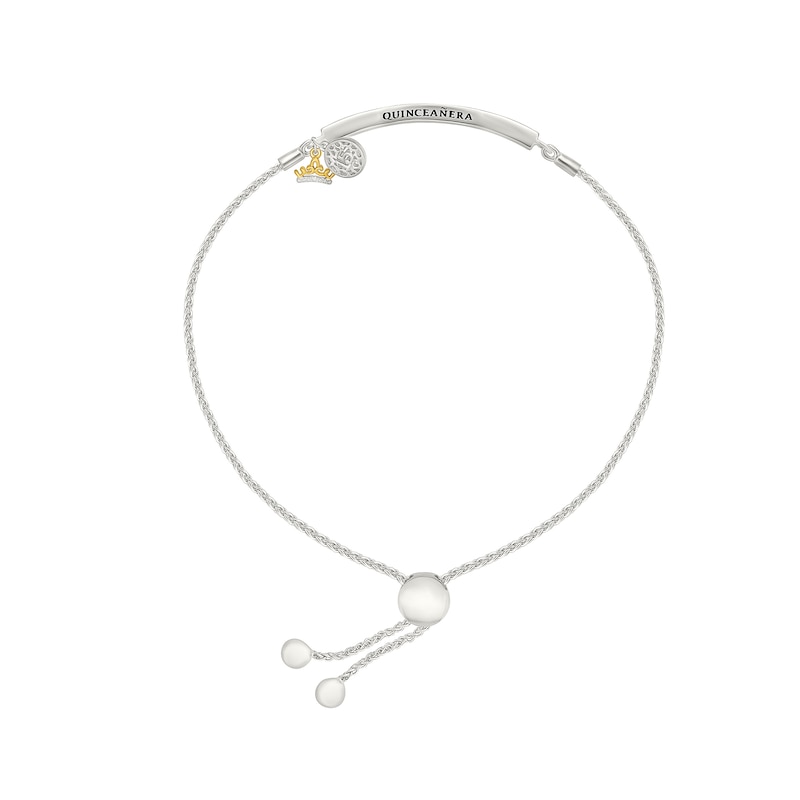 Main Image 2 of 1/10 CT. T.W. Diamond "QUINCEAÑERA" Crown and 15 Charm Bolo Bracelet in Sterling Silver and 10K Gold - 9.0"