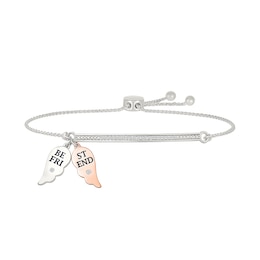 1/10 CT. T.W. Diamond "FRIENDS FOREVER" Double Angel Wing Charm Bolo Bracelet in Sterling Silver and 10K Rose Gold