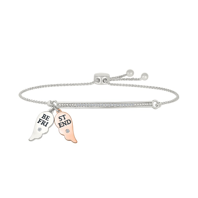 Main Image 1 of 1/10 CT. T.W. Diamond "FRIENDS FOREVER" Double Angel Wing Charm Bolo Bracelet in Sterling Silver and 10K Rose Gold