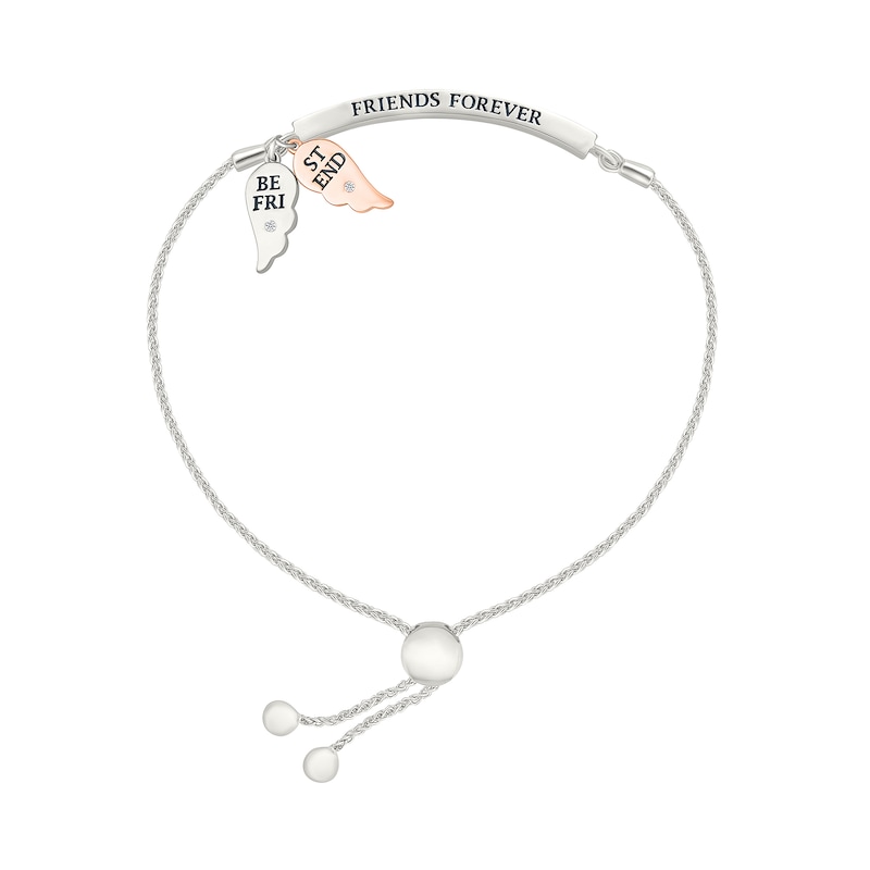 Main Image 2 of 1/10 CT. T.W. Diamond "FRIENDS FOREVER" Double Angel Wing Charm Bolo Bracelet in Sterling Silver and 10K Rose Gold