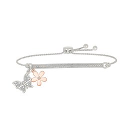 1/8 CT. T.W. Diamond "DAUGHTER" Butterfly and Flower Charm Bolo Bracelet in Sterling Silver and 10K Rose Gold - 9.0"