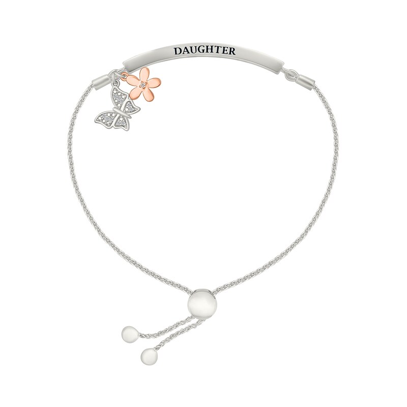 Main Image 2 of 1/8 CT. T.W. Diamond "DAUGHTER" Butterfly and Flower Charm Bolo Bracelet in Sterling Silver and 10K Rose Gold - 9.0"