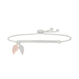1/10 CT. T.W. Diamond "ALWAYS WITH YOU" Double Angel Wing Charm Bolo Bracelet in Sterling Silver and 10K Rose Gold