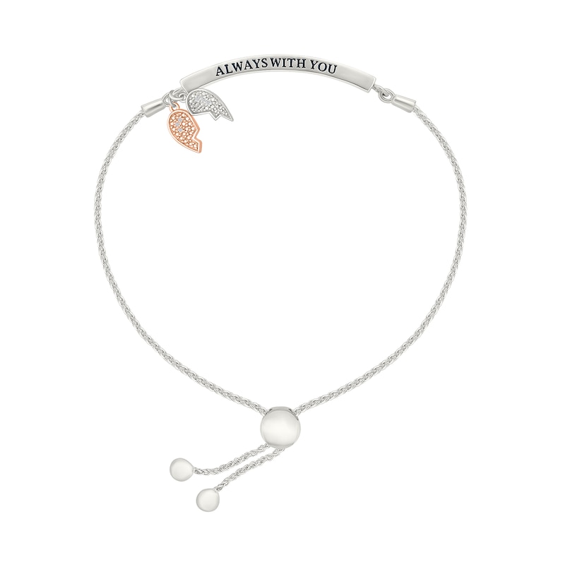 Main Image 2 of 1/10 CT. T.W. Diamond "ALWAYS WITH YOU" Double Angel Wing Charm Bolo Bracelet in Sterling Silver and 10K Rose Gold