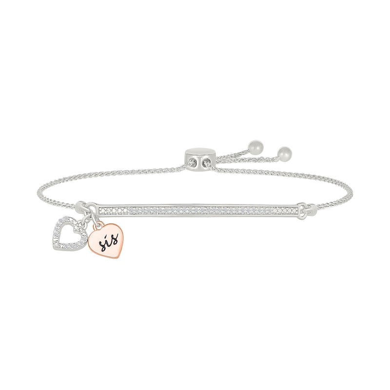 Main Image 1 of 1/8 CT. T.W. Diamond "SISTER" Double Heart Charm Bolo Bracelet in Sterling Silver and 10K Rose Gold - 9.0"