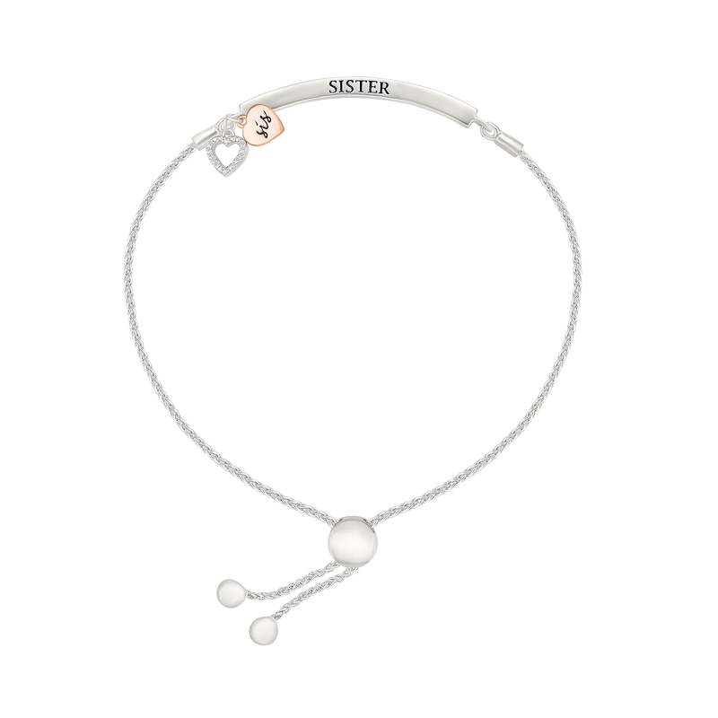 Main Image 2 of 1/8 CT. T.W. Diamond "SISTER" Double Heart Charm Bolo Bracelet in Sterling Silver and 10K Rose Gold - 9.0"