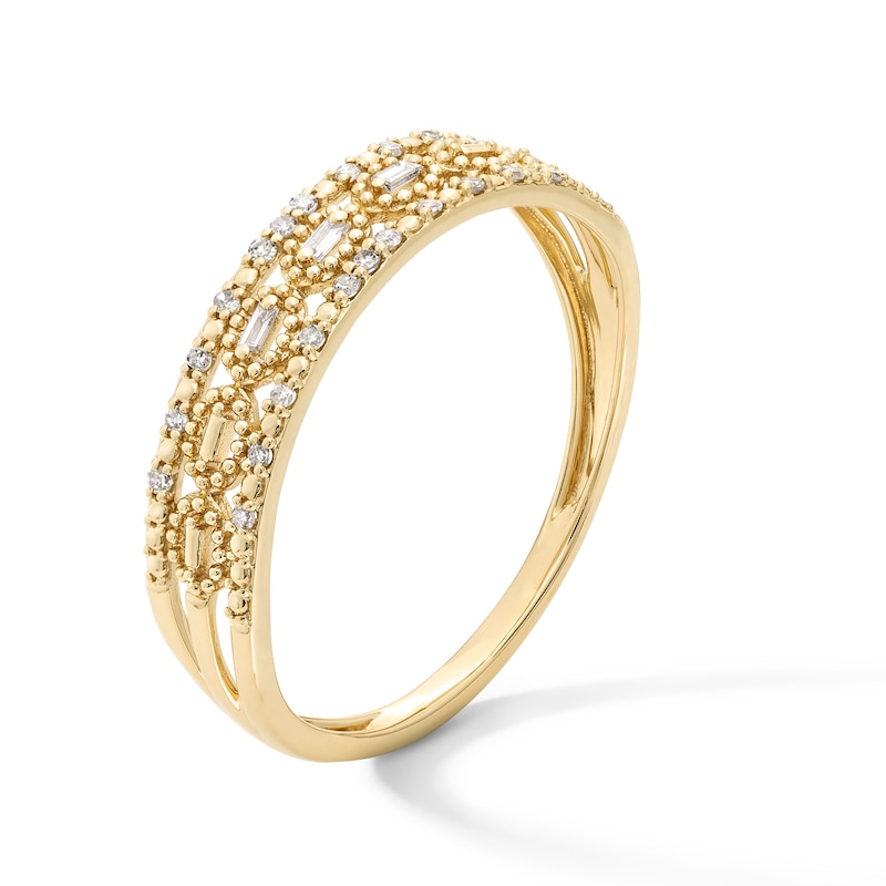 Main Image 3 of 1/15 CT. T.W. Baguette and Round Diamond Open Triple Row Stackable Anniversary Band in 10K Gold