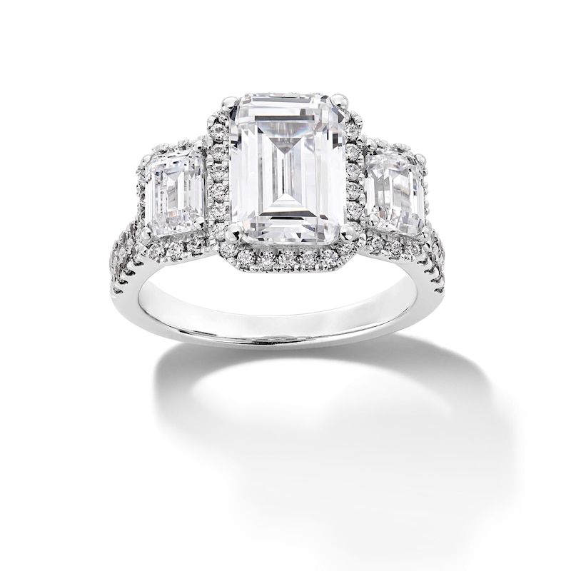 Main Image 1 of 4-1/2 CT. T.W. Emerald-Cut Certified Lab-Grown Diamond Frame Three Stone Engagement Ring in 14K White Gold (F/VS2)