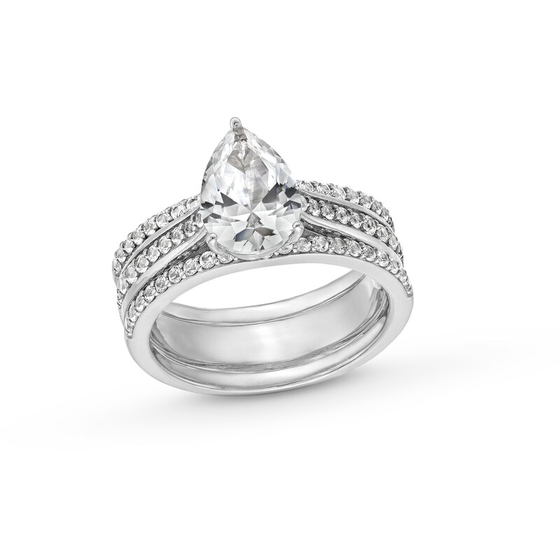 Main Image 1 of Pear-Shaped White Lab-Created Sapphire Three Piece Bridal Set in Sterling Silver