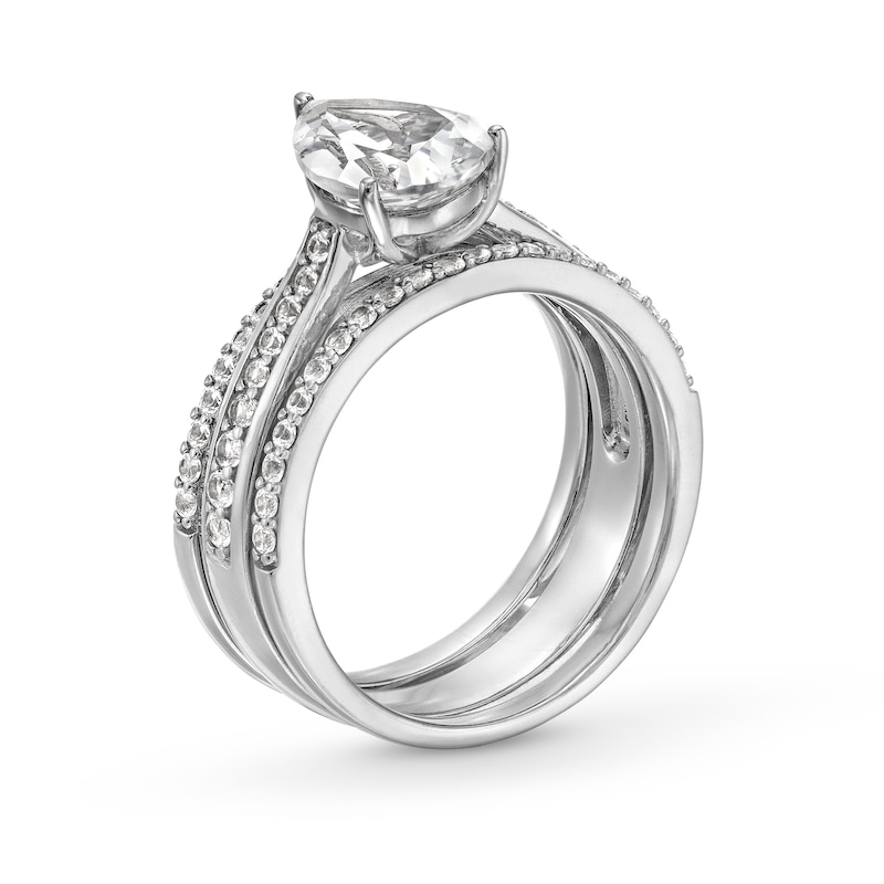 Main Image 3 of Pear-Shaped White Lab-Created Sapphire Three Piece Bridal Set in Sterling Silver