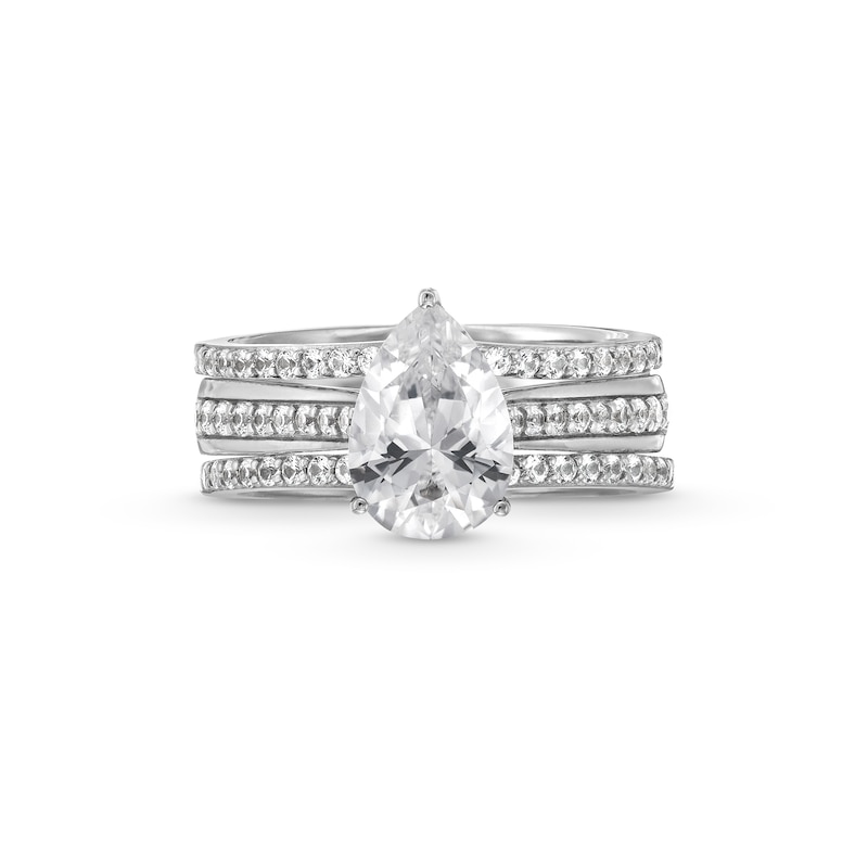 Main Image 4 of Pear-Shaped White Lab-Created Sapphire Three Piece Bridal Set in Sterling Silver