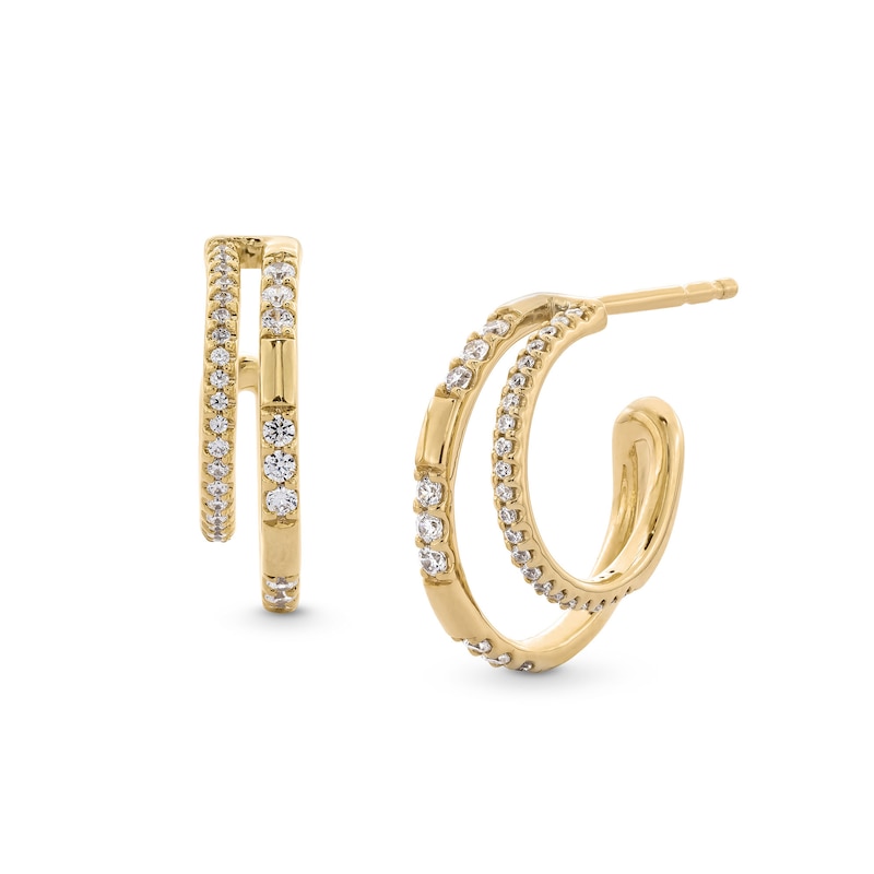 Main Image 1 of 1/3 CT. T.W. Diamond Split Double Row Open Hoop Earrings in 10K Gold