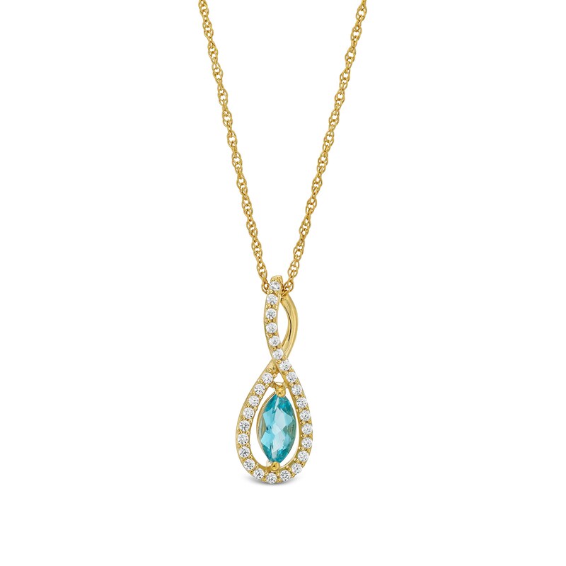 Main Image 1 of Marquise Swiss Blue Topaz and 1/5 CT. T.W. Diamond Infinity Twist Pendant in 10K Gold
