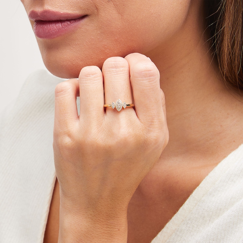 Main Image 2 of 1/6 CT. T.W. Marquise-Shaped Multi-Diamond Frame Three Stone Promise Ring in 10K Gold