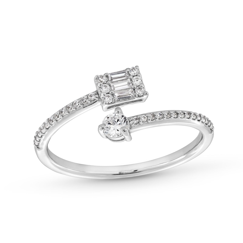 Main Image 1 of 1/4 CT. T.W. Emerald-Shaped Multi-Diamond Open Bypass Promise Ring in 10K White Gold