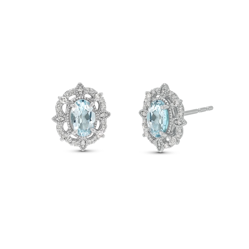 Main Image 1 of Oval Aquamarine and 1/8 CT. T.W. Diamond Art Deco Vintage-Style Stud Earrings in Sterling Silver