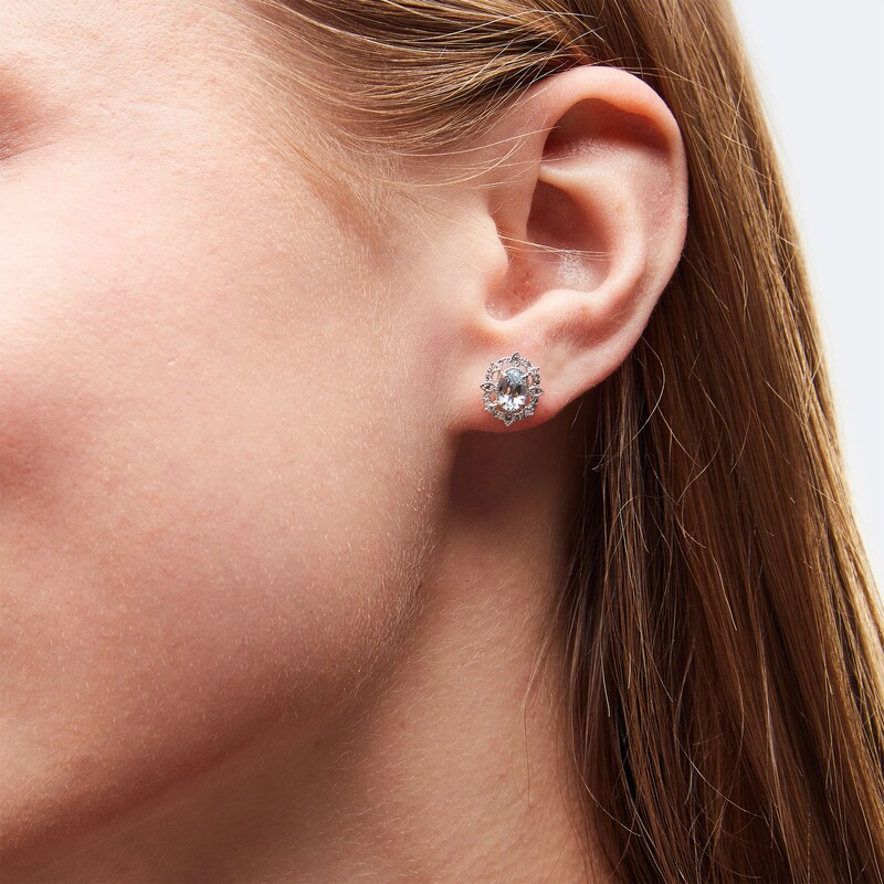Main Image 2 of Oval Aquamarine and 1/8 CT. T.W. Diamond Art Deco Vintage-Style Stud Earrings in Sterling Silver