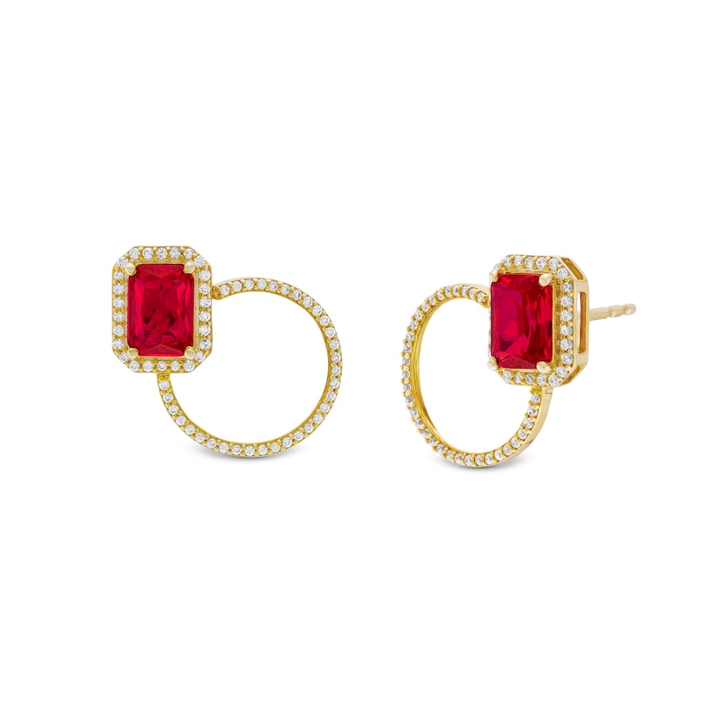 Main Image 1 of Emerald-Cut Lab-Created Ruby and White Lab-Created Sapphire Open Circle Earrings in Sterling Silver with 18K Gold Plate