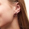 Thumbnail Image 2 of Emerald-Cut Lab-Created Ruby and White Lab-Created Sapphire Open Circle Earrings in Sterling Silver with 18K Gold Plate