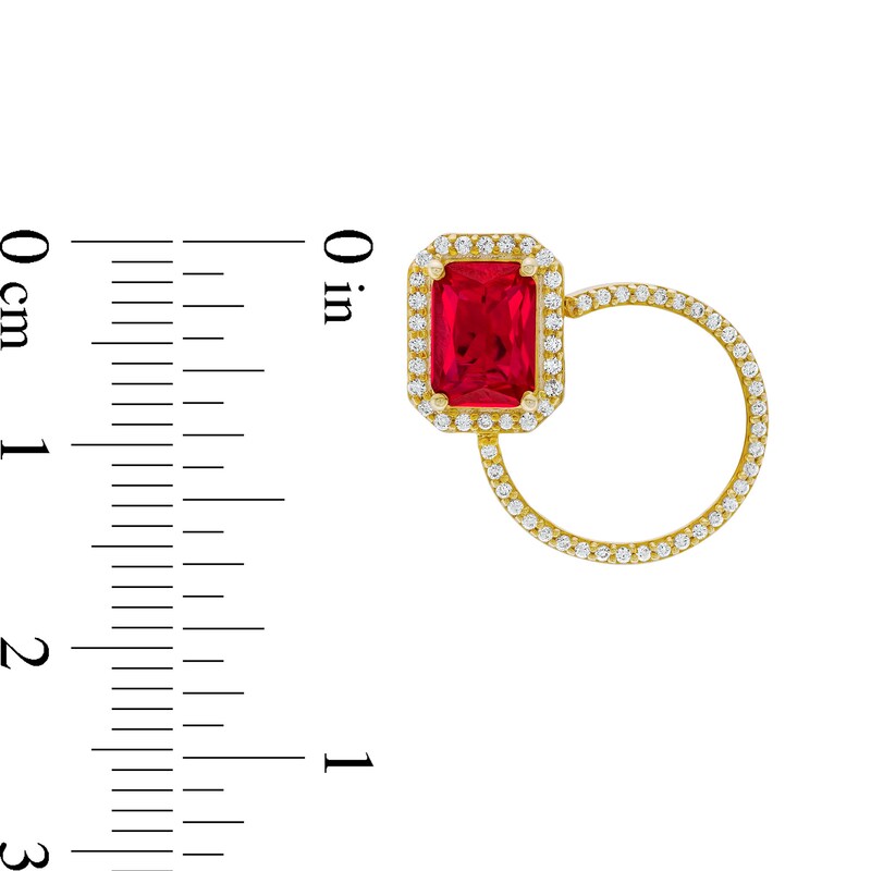 Main Image 3 of Emerald-Cut Lab-Created Ruby and White Lab-Created Sapphire Open Circle Earrings in Sterling Silver with 18K Gold Plate
