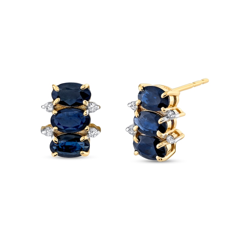 Main Image 1 of Sideways Oval Blue Sapphire and 1/20 CT. T.W. Diamond Three Stone Drop Earrings in 14K Gold