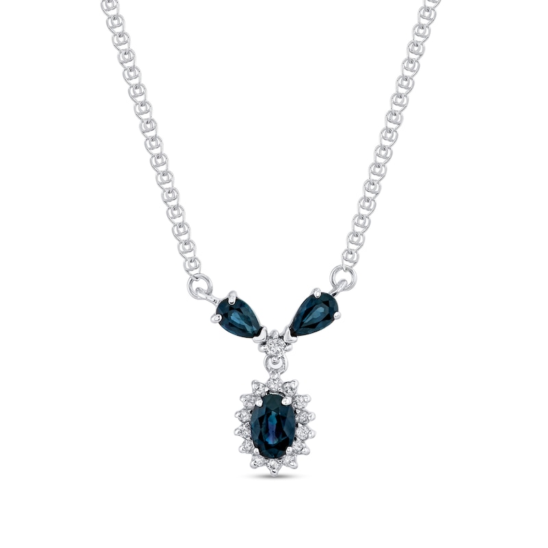 Main Image 1 of Oval and Pear-Shaped Blue Sapphire with 1/6 CT. T.W. Diamond Sunburst Frame "Y" Necklace in 14K White Gold - 16"