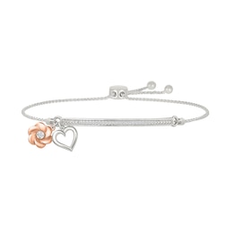 1/10 CT. T.W. Diamond "mama" Flower and Heart Charm Bolo Bracelet in Sterling Silver and 10K Rose Gold - 9.0"