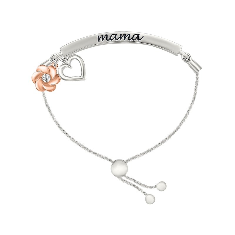 Main Image 2 of 1/10 CT. T.W. Diamond "mama" Flower and Heart Charm Bolo Bracelet in Sterling Silver and 10K Rose Gold - 9.0"