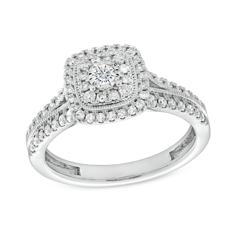 Main Image 1 of 1/2 CT. T.W. Cushion-Shaped Multi-Diamond Frame Split Shank Vintage-Style Engagement Ring in 10K White Gold