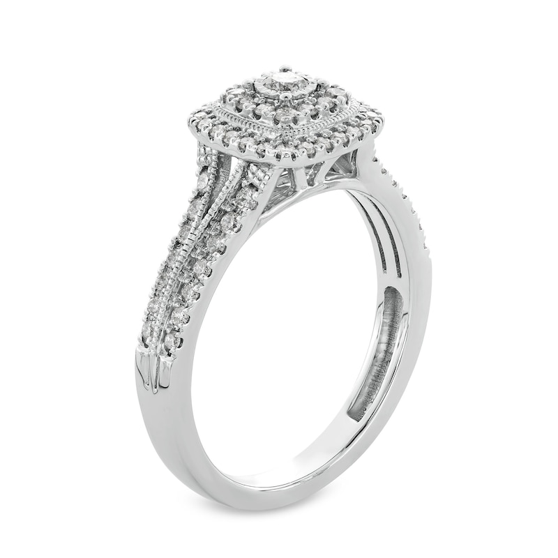 Main Image 3 of 1/2 CT. T.W. Cushion-Shaped Multi-Diamond Frame Split Shank Vintage-Style Engagement Ring in 10K White Gold
