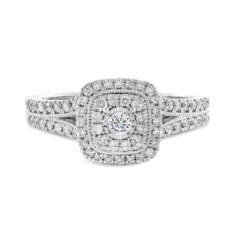 Main Image 4 of 1/2 CT. T.W. Cushion-Shaped Multi-Diamond Frame Split Shank Vintage-Style Engagement Ring in 10K White Gold