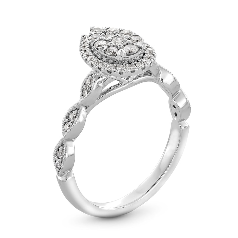 Main Image 3 of 1/2 CT. T.W. Pear-Shaped Multi-Diamond Frame Scallop Shank Vintage-Style Engagement Ring in 10K White Gold