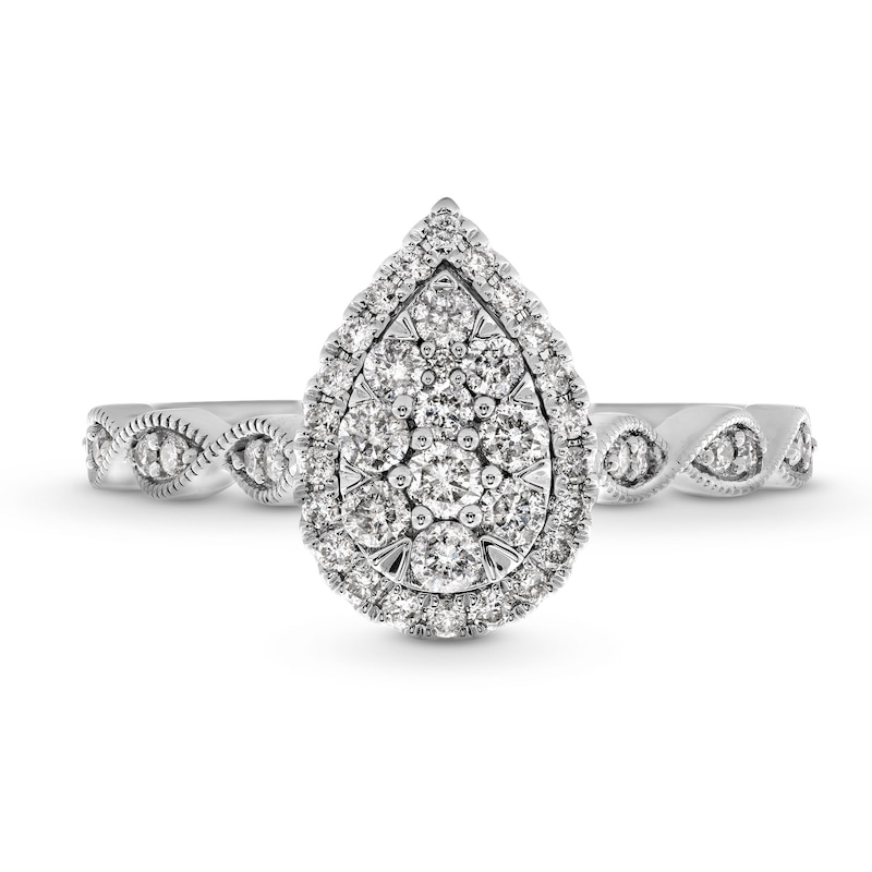 Main Image 4 of 1/2 CT. T.W. Pear-Shaped Multi-Diamond Frame Scallop Shank Vintage-Style Engagement Ring in 10K White Gold