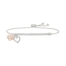 1/10 CT. T.W. Diamond "nana" Flower and Heart Charm Bolo Bracelet in Sterling Silver and 10K Rose Gold - 9.0"