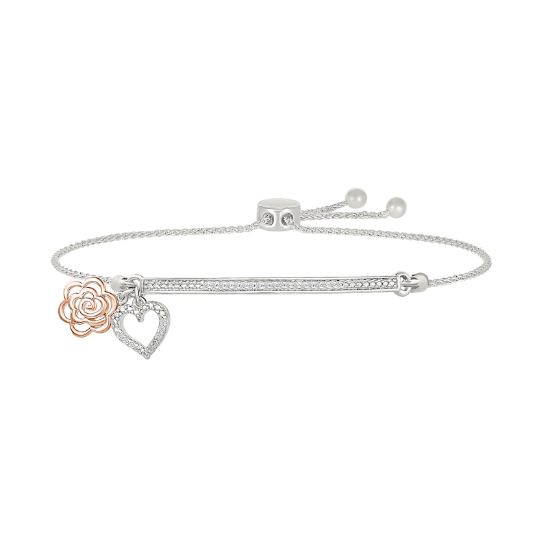 Main Image 1 of 1/10 CT. T.W. Diamond "nana" Flower and Heart Charm Bolo Bracelet in Sterling Silver and 10K Rose Gold - 9.0"