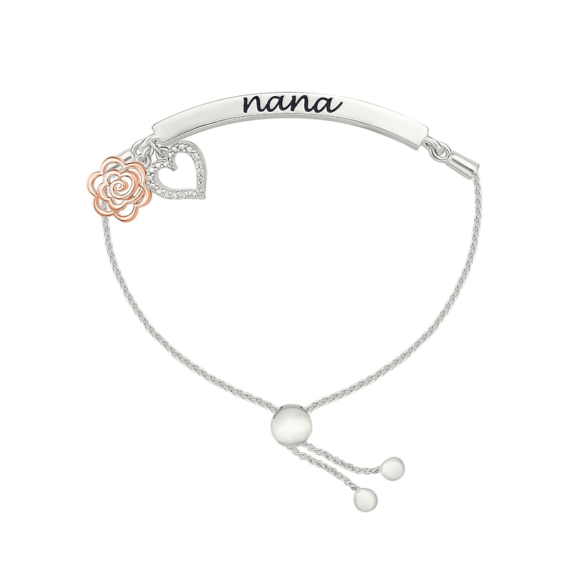 Main Image 2 of 1/10 CT. T.W. Diamond "nana" Flower and Heart Charm Bolo Bracelet in Sterling Silver and 10K Rose Gold - 9.0"