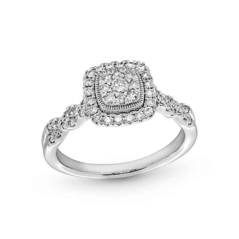 Main Image 1 of 1/2 CT. T.W. Cushion-Shaped Multi-Diamond Frame Twist Shank Engagement Ring in 10K White Gold