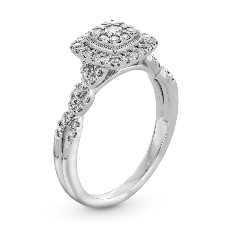 Main Image 3 of 1/2 CT. T.W. Cushion-Shaped Multi-Diamond Frame Twist Shank Engagement Ring in 10K White Gold