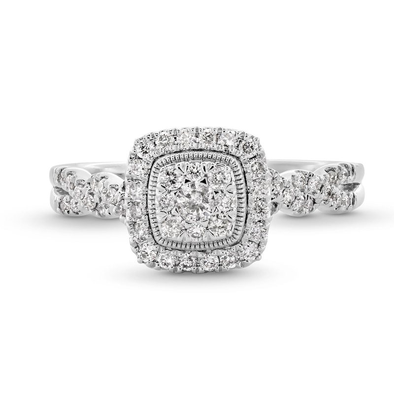 Main Image 4 of 1/2 CT. T.W. Cushion-Shaped Multi-Diamond Frame Twist Shank Engagement Ring in 10K White Gold