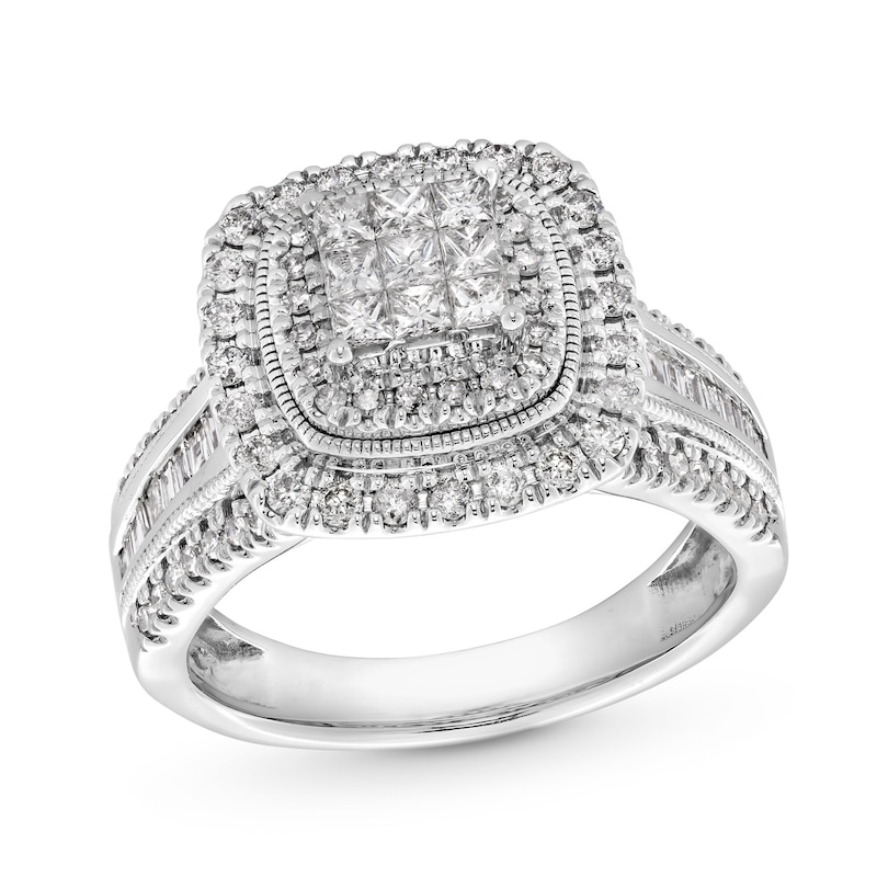Main Image 1 of 1 CT. T.W. Princess-Cut Multi-Diamond Double Cushion Frame Triple Row Engagement Ring in 10K White Gold
